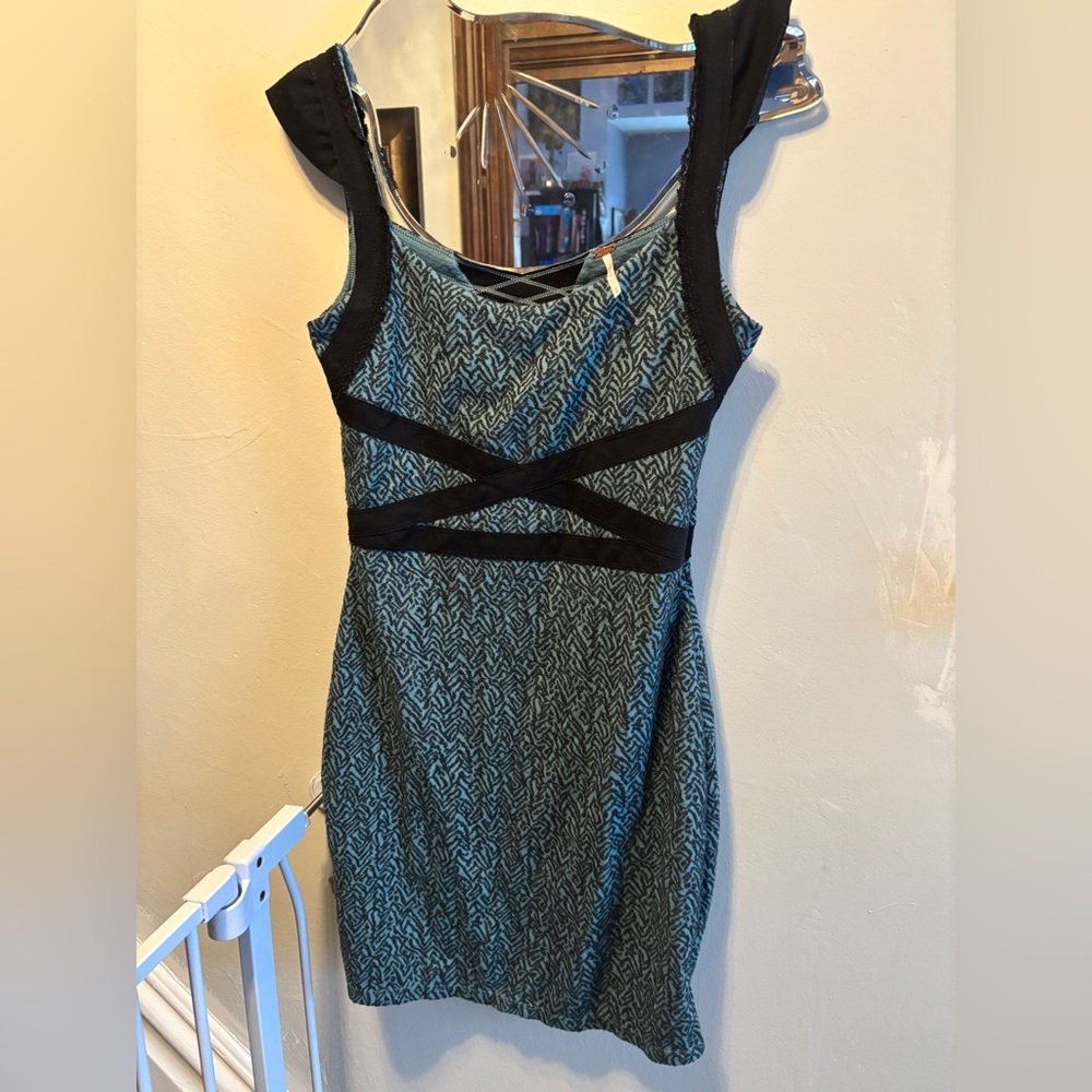 FREE PEOPLE Women’s Size XS Cross My Heart Mini Bodycon Dress Pacific Blue y2k